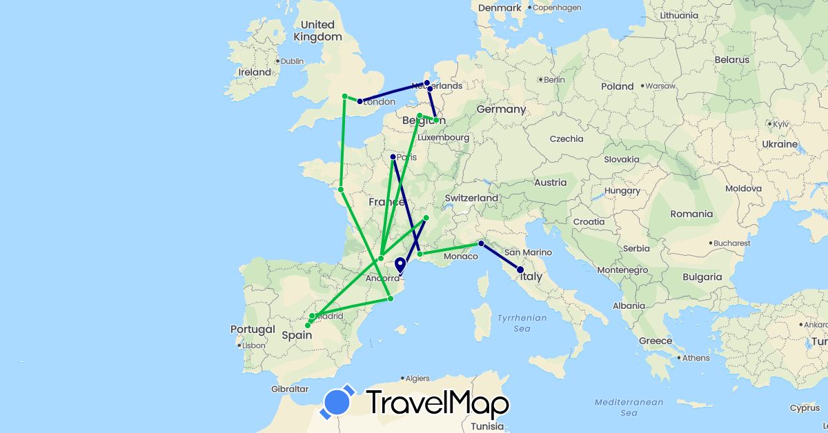 TravelMap itinerary: driving, bus in Belgium, Spain, France, United Kingdom, Italy, Netherlands (Europe)